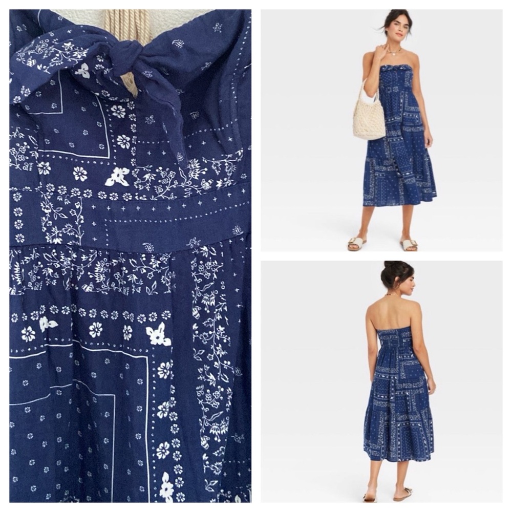 Universal Thread bandana print strapless midi dress blue white vacation small - Picture 3 of 16